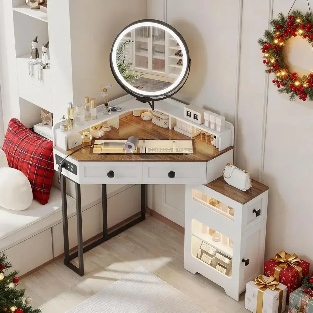 Illuminated Vanity Set with Mirror, Lights, and Charging Station for Bedroom/Cloakroom, White Glass Top with Drawers and Shelves