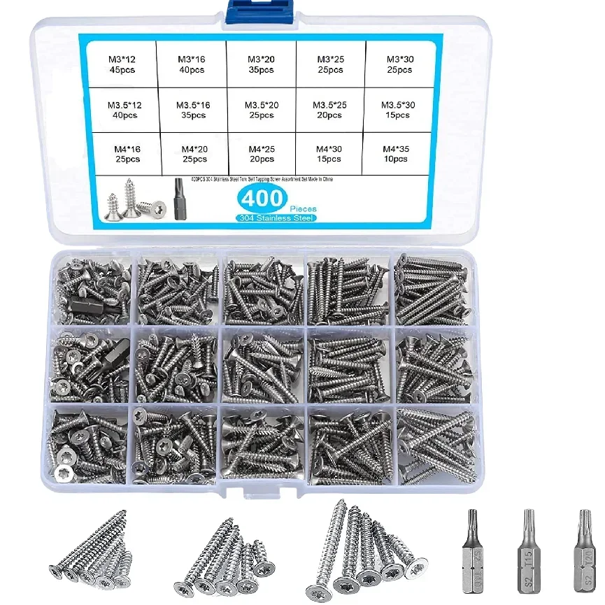 400Pcs M3-M4 Splint Screw Set with A2 Wood Screwdriver Series&Bits - Essential for Precision Fastening and Woodworking Projects