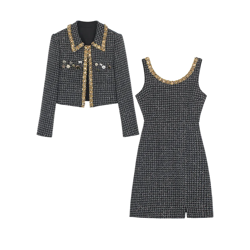 Heavy industry two-piece nail bead lapel short jacket+dress small fragrant style coarse woolen suit