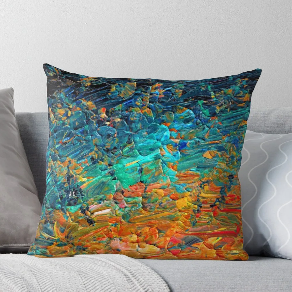 ETERNAL TIDE 2 Bold Rainbow Colorful Deep BlueTurquoise Aqua Orange Yellow Ombre Waves Abstract Acrylic Painting Throw Pillow