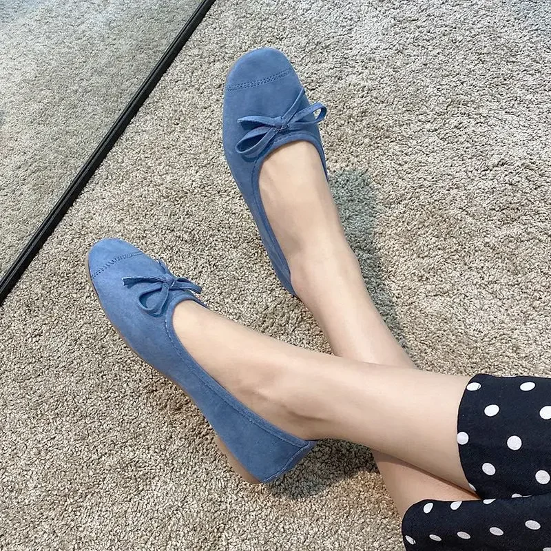 Blue Low Heel Elegant Kawaii Shoes for Women Round Toe with Bow Cute Woman Footwear Spring Fashion Chic on Offer Dress Non Slip