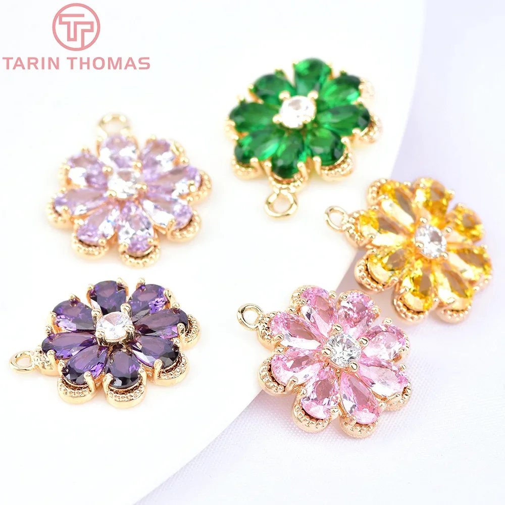 

(6035)2PCS 14MM 24K Gold Color Brass with Zircon Flower Shape Charm Pendants for Jewelry Findings Accessories Supplies Wholesale