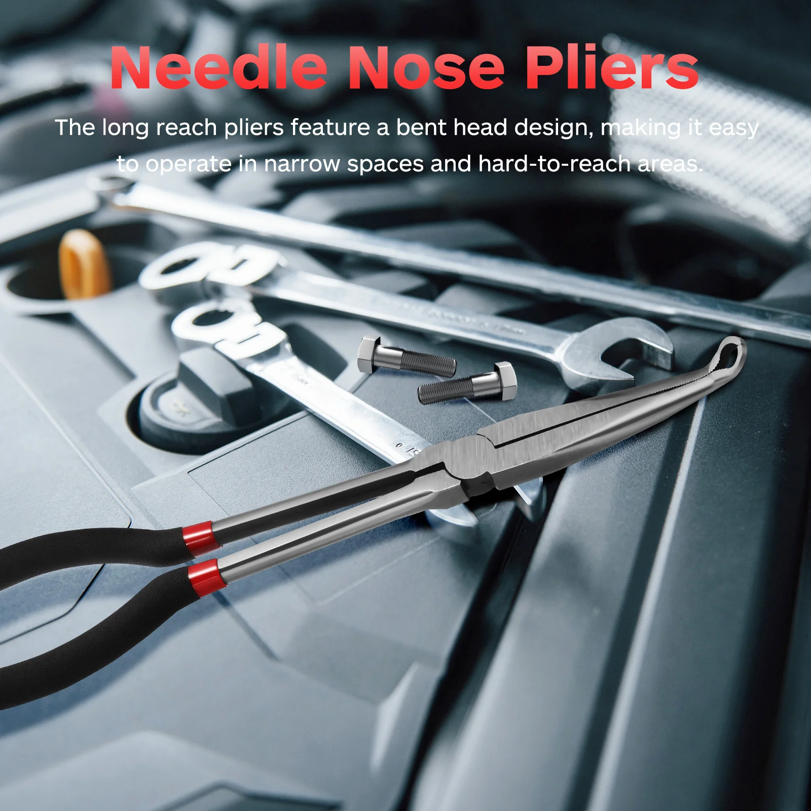 

Long Reach Pliers with Curved Head O-Shape Design for Tight Spaces Heavy Duty Steel Construction Non-Slip Grip Needle Nose Plier