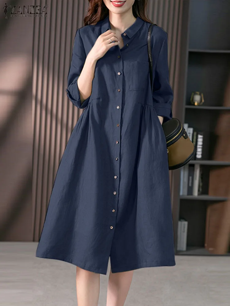 2023 Spring Causal Shirt Dress Women Long Sleeve Solid Dresses ZANZEA Fashion Lapel Neck Midi Vestidos Holiday Sundress Oversize