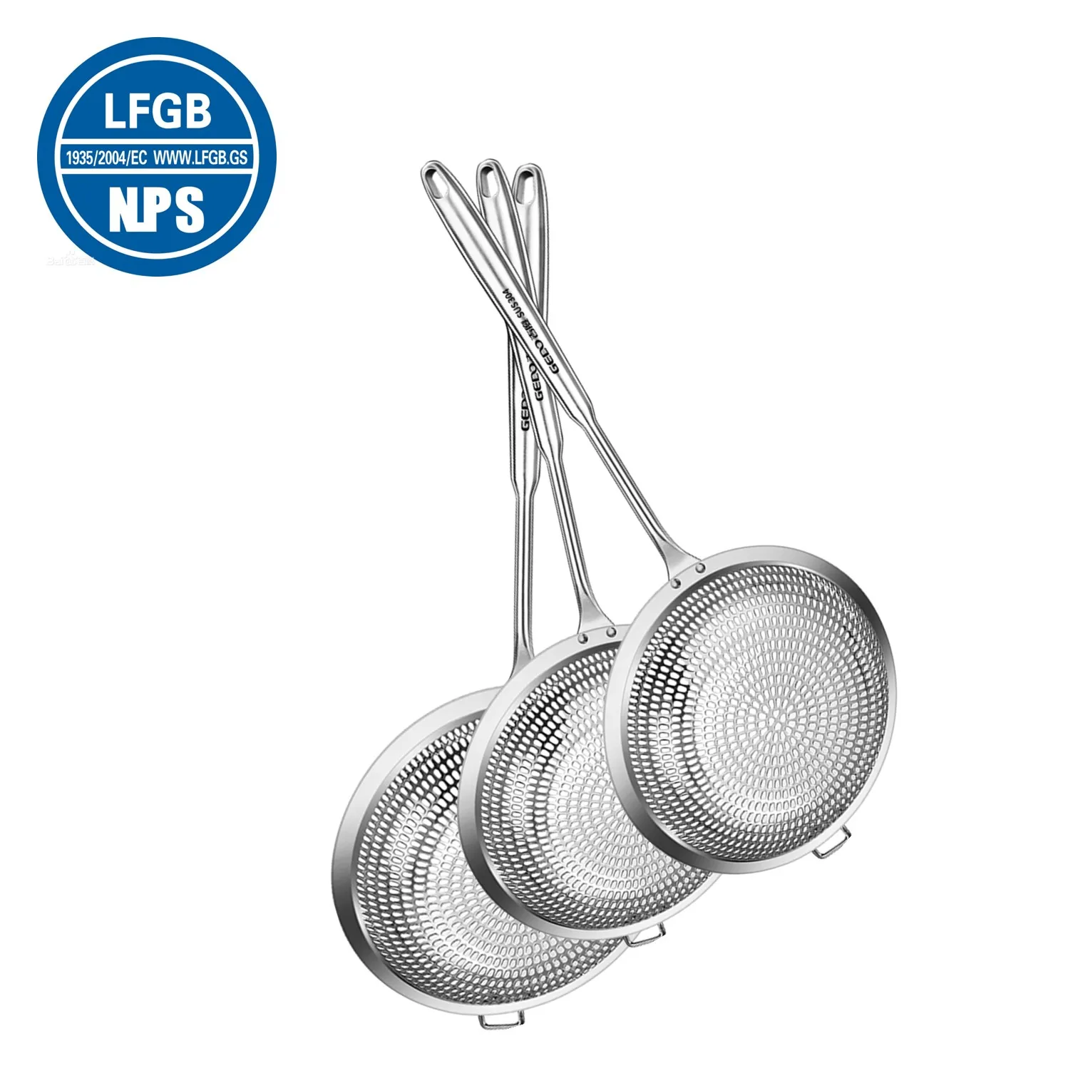LFGB Certification 304 Stainless Steel Kitchen Colander with Anti-fall Stopper Cooking Strainer with Dense and Uniform Holes