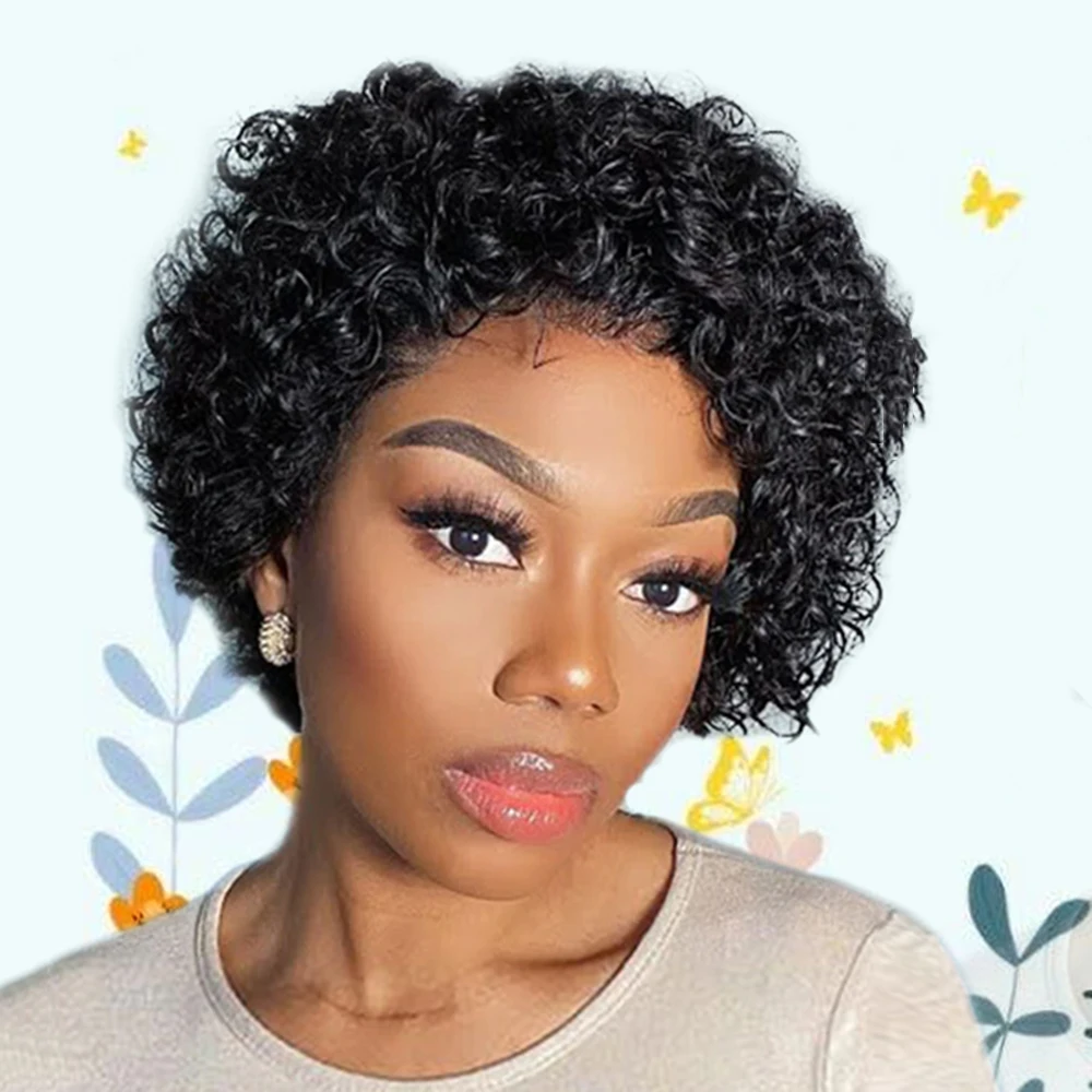 

Pixie Cut Wig Short Bob Curly Human Hair Wigs Perruque Bresillienne Cheap 13X1 Transparent Lace Wig Water Deep Wave Human Hair