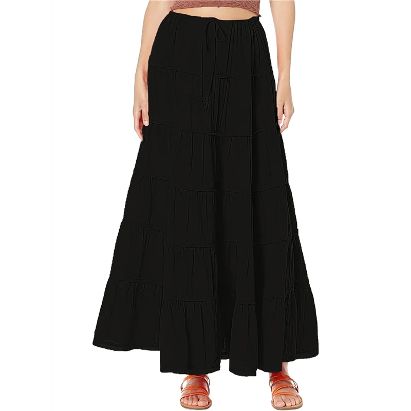 

ABRT-Women's Summer Casual Elegant Smock Layered Tiered Maxi Skirt High Waisted A Line Flowy Long Skirts