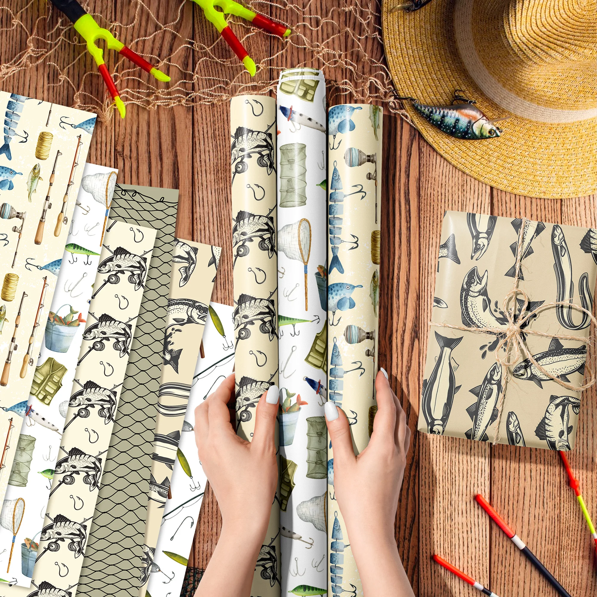 Angler Themed Paper Coated Vintage Fishing Gift Wrap Fish Wrapping Paper Vintage Fishing Wrapping Paper For Parties Holidays