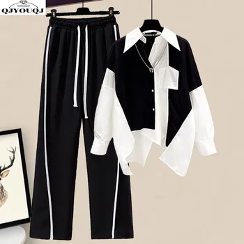 2024 Lente En Herfst Koreaanse Editie Nieuw Nep Tweedelig Shirt + Modieuze Wijde Pijpen Broek Tweedelige Set