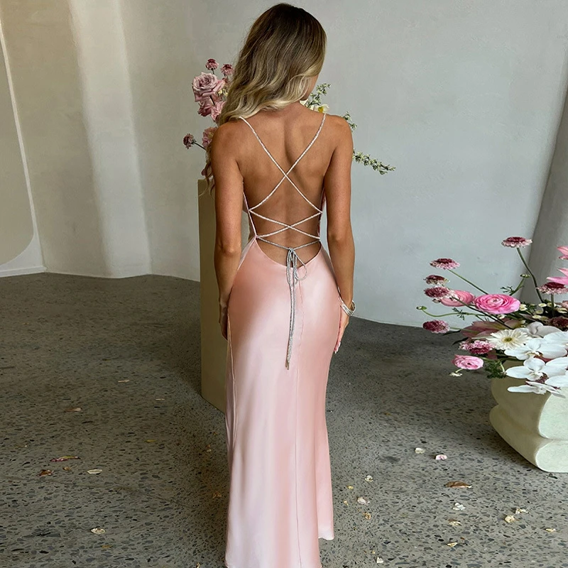 Vrouwen Sexy Satijnen Slip Jurken Vestidos De Mujer Zomer Backless Bodycon Split Avond Feestjurken Lange Bruidsmeisje Jurk