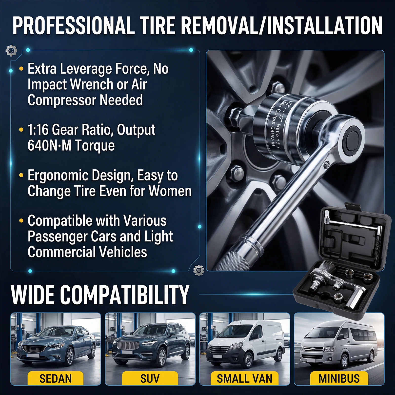 Podofo 1:16 Drehmomentvervielfältiger 1/2 Zoll Antrieb Kraftsparender Schraubenschlüssel 680 N.m 17mm 19mm 21mm Autoreparaturwerkzeug für DIY Auto Garage SUV Mutternlöser – Detail 1