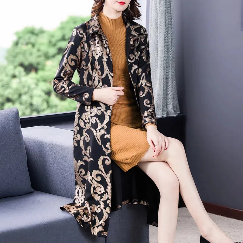 Casaco Feminino Spring Autumn Coats Print Windbreaker Outwear New Women Mid-Long Trench Coat Female Fashion Elegant Overcoat