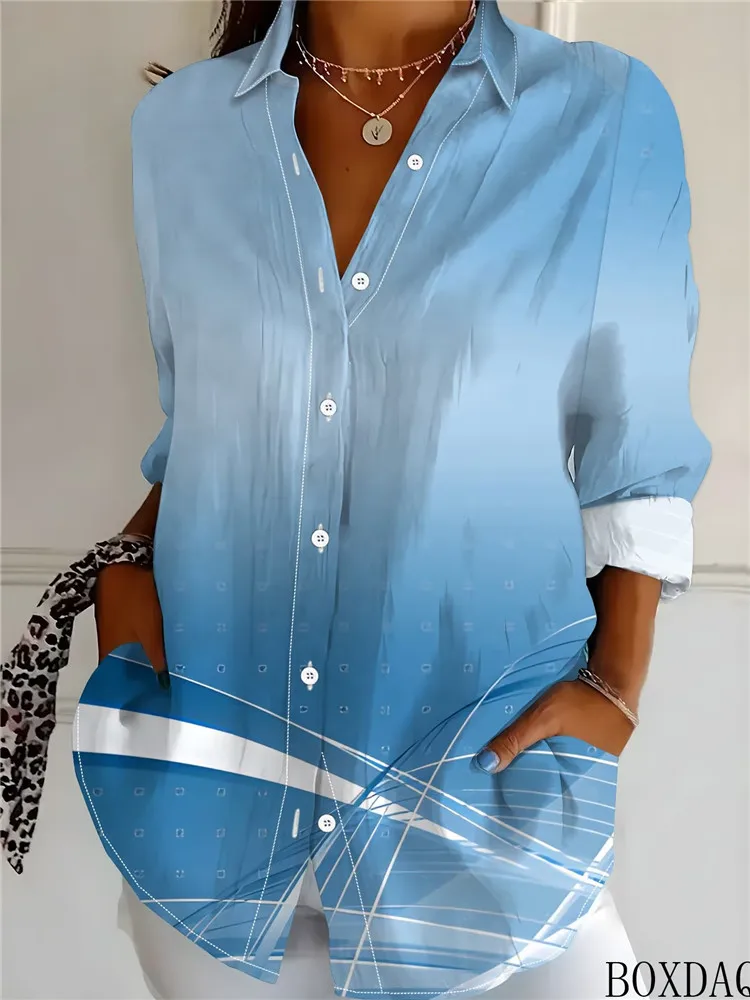 Fashion Gradient Snowflake Pattern Printed Women's Blouse Loose Long Sleeved Lapel Button Up Shirts Casual Women's Tops Autumn