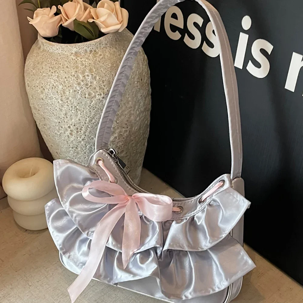 

Women's Ruffles Lace-Up Soft Underarm Bag Spring Summer Sweet Solid Color Zipper One Shoulder Bags Party Club Handbags