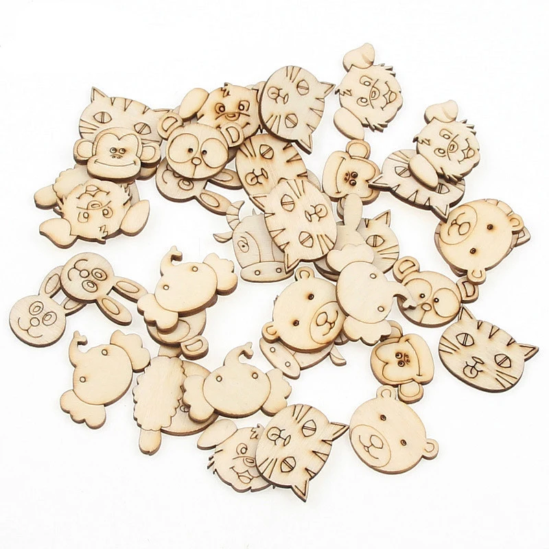 30pcs Wooden Natural and Cute Animal Patterns Sewing Home Decoration Diy Handmade Cutting and Pasting Woodwork Art