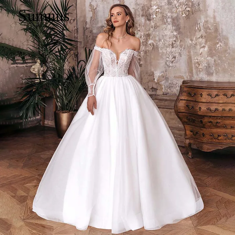 

Luxury A-line Wedding Ball Gown Off the Shoulder V-neck Appliques Tulle Full Sleeve Bride Gowns Lace Up Wedding Dress 2024