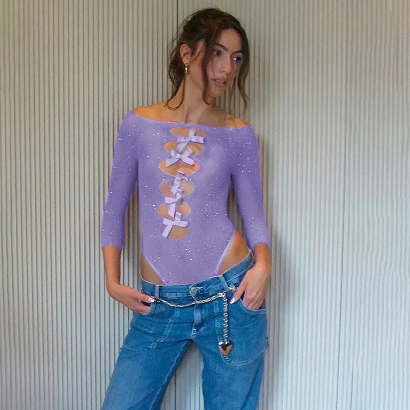 بدلة صيفية جديدة مثيرة لعام 2025 للفتيات الساخنة عالية المرونة متماسكة شفافة بعقدة على شكل فيونكة مفرغة من حجر الراين