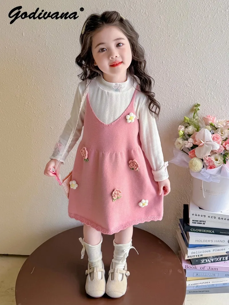 Sweet Baby Girls' Fashion Dress Sets 2026 New Spring Cute Flower Knit Sling Dress Long-sleeve Princess Sweater Children's 2pcs