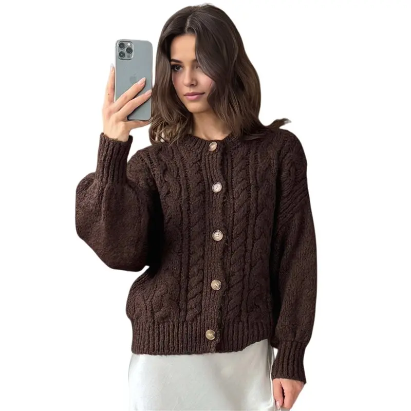 

CYL-Women Sweater Casual Button Down Cable Knit Long Sleeve Cardigan Crewneck Knitted Tops