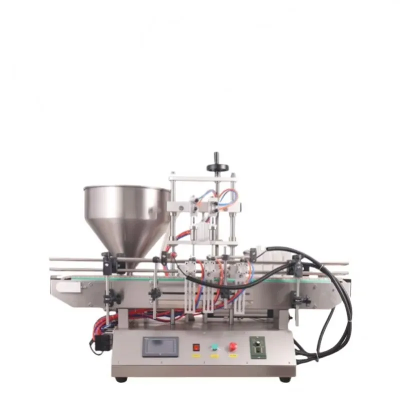 Semi Automatic Double Head Paste Filling Machine for Beverage Chemical Cream Desktop Use Pneumatic Driven Conveyor Belt