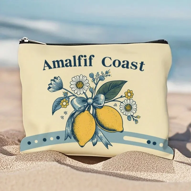 Amalfi Coast Lemon Floral Printed Zipper Pouch Fabric Cosmetic Bag Toiletry Organizer Travel Daily Use Stationery Storage Bag