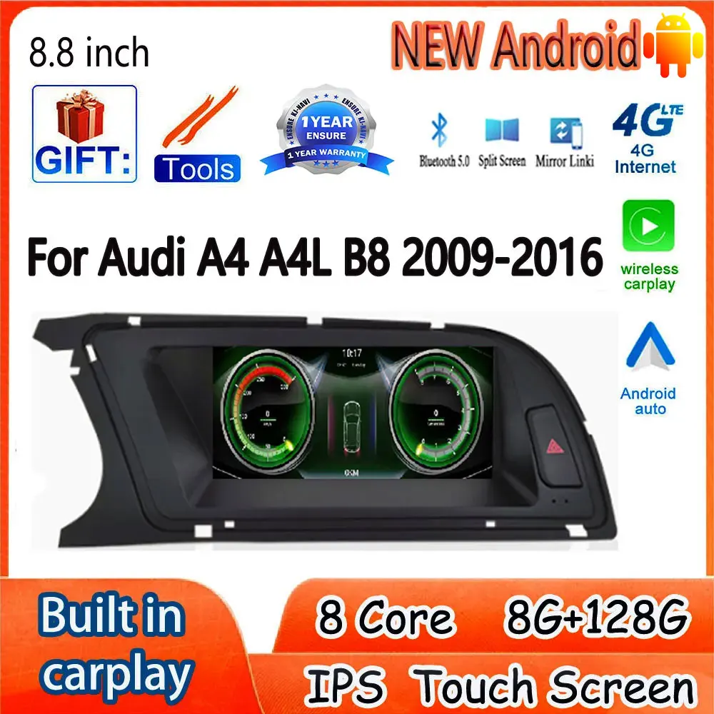 

8,8 дюймовые автомобильные аксессуары для Audi A4 A4L B8 2009-2016 Android 14 Carplay мониторы мультимедийный радиоплеер GPS навигация 4G LTE