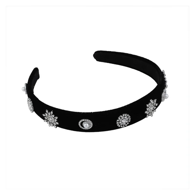 Retro Bling Rhinestones Snowflake Hair Hoop Hair Accessories Temperament Black Velvet Bowknot Wide Brimmed Hair Band for Women