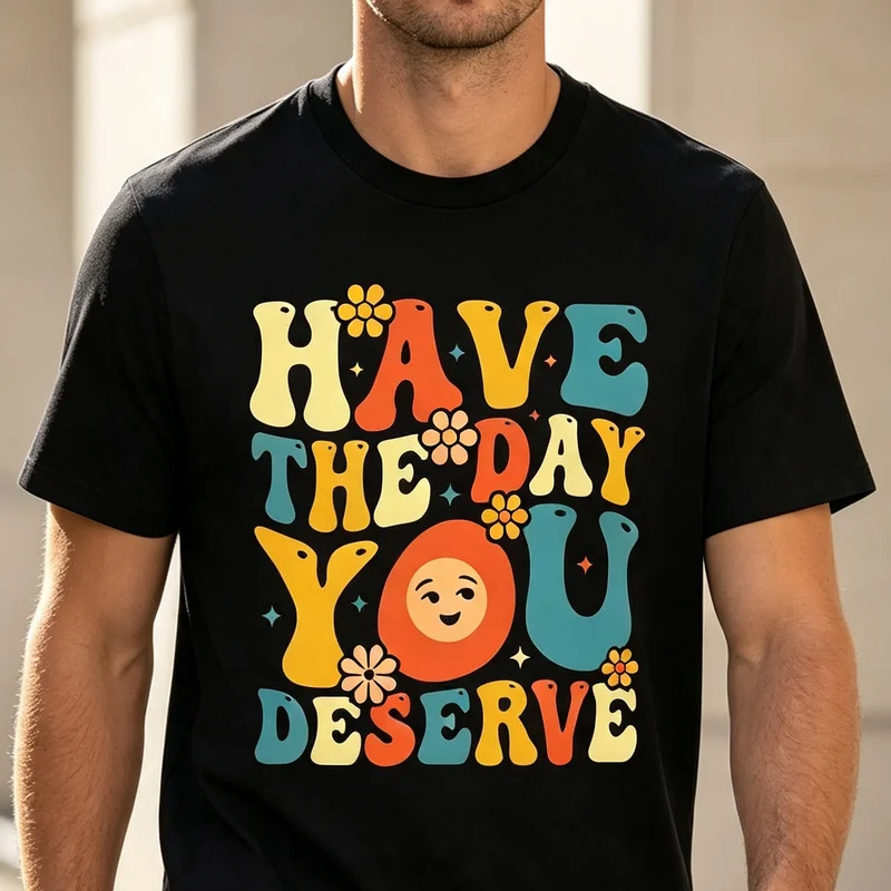 Have The Day You Deserve Smiley Face Positive Quote Retro Lettering T Shirt Graphic Tee Casual Streetwear for Men Women Fashion