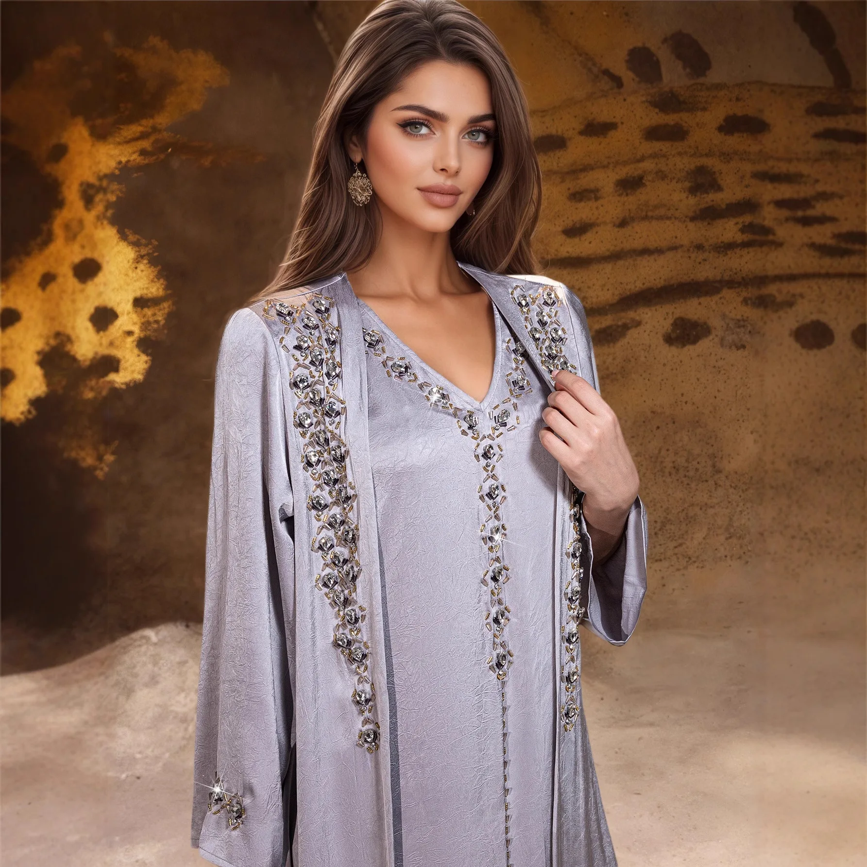Diamond Kimono Cardigan with Inner Dress Muslim Set Dubai Women Party Dresses Turkey Kaftan Ramadan Jalabiya Islam Clothing Robe