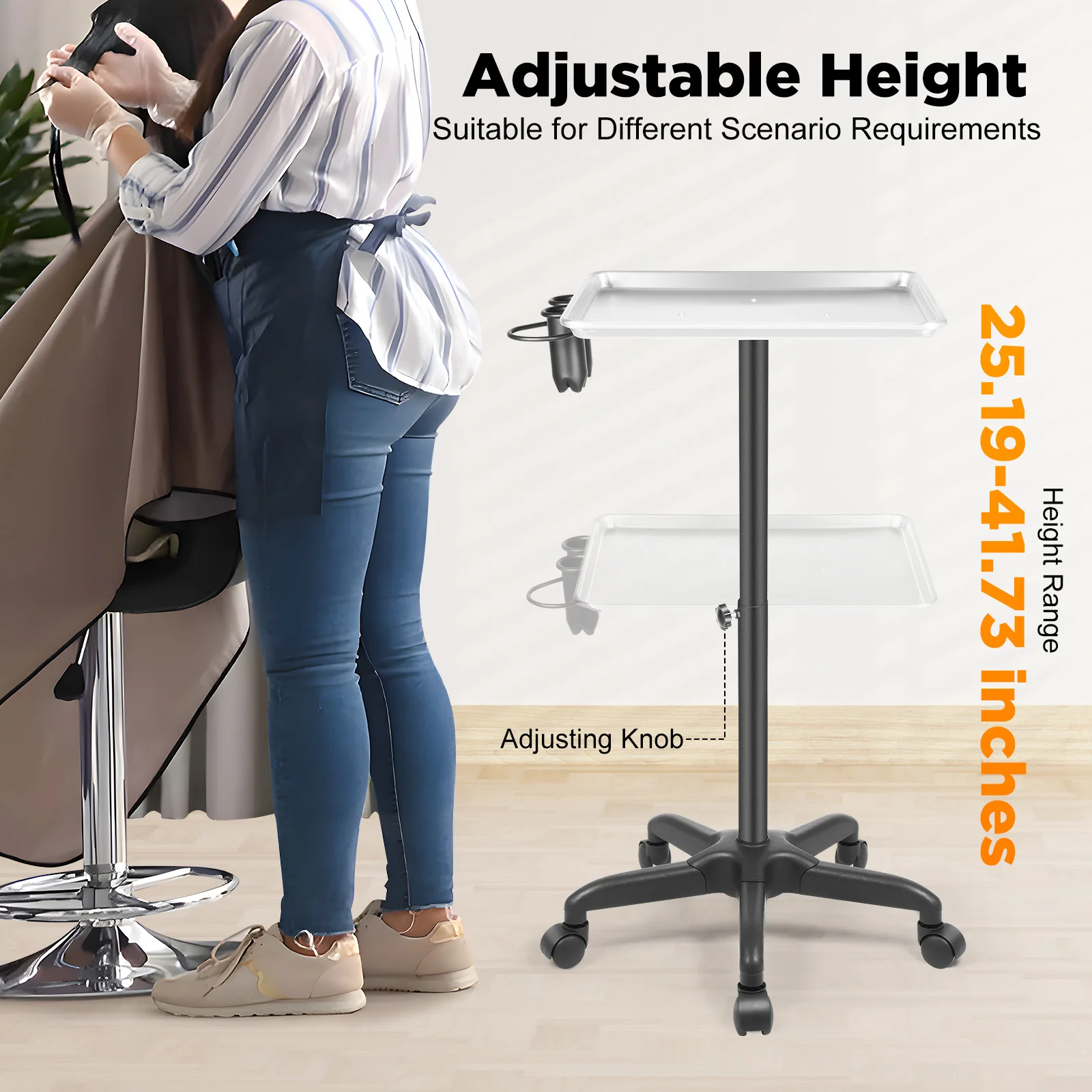 

360° Rotation Salon Rolling Tray Height Adjustable Hair Color Service Tray for Barber Stores, Hairdressing Colleges, Homes