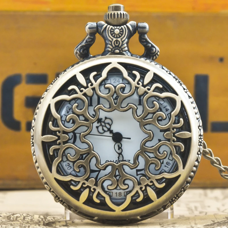 Retro Bronze Steampunk Openwork Flower Flip Quartz Boys' And Girls' Necklace Commemorative Pocket Watch