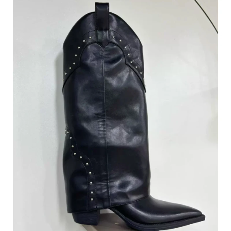 

Black Rivet Pointed Toe Chunky Heels Western Cowboy Boots Woman Winter 2026 Side Zipper High Tube Knight Boots Fashion Boots