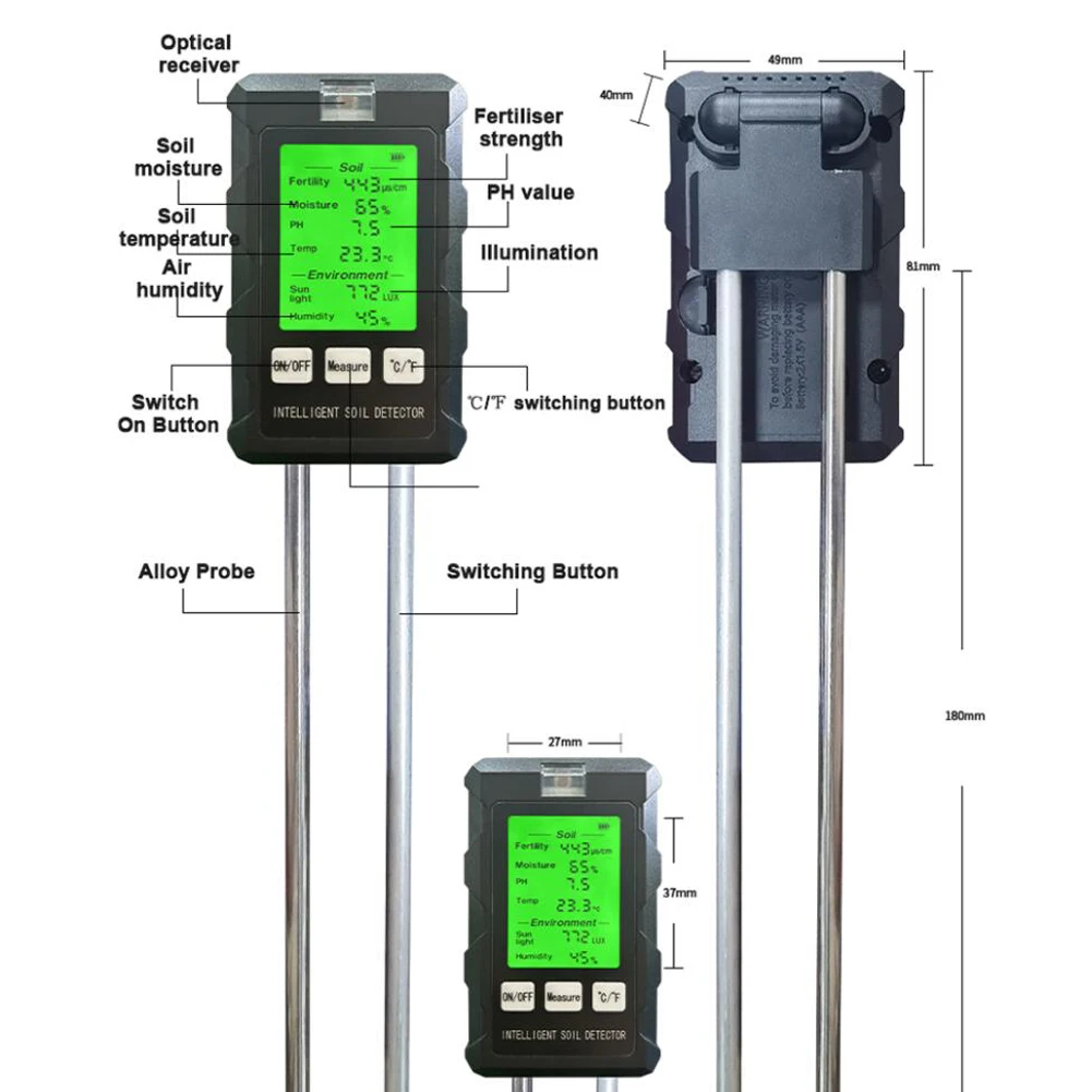 6in1 Soil Tester Multifunctional Soil Fertility pH Temperature Humidity Sunlight Air Moisture Tester Practical Soli Analyzer