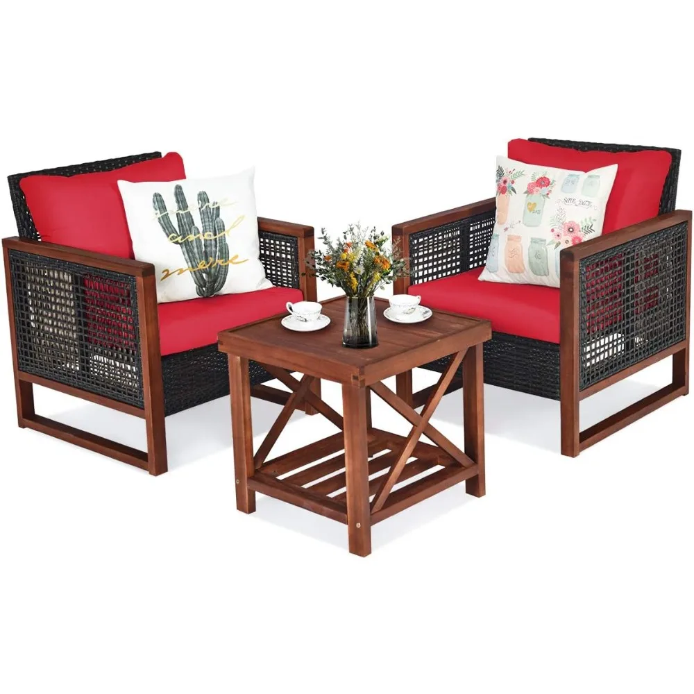 

3 Pieces Patio Wicker Furniture Set, Rattan Outdoor Sofa Set w/Washable Cushion & Acacia Wood Coffee Table