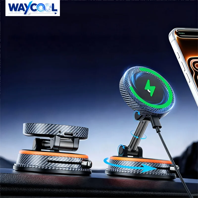 

WAYCOOL Magnetic Car Phone Holder, 15W Fast Wireless Charger for iPhone MagSafe 4-Axis Foldable 1080° Rotation Vacuum Adsorption