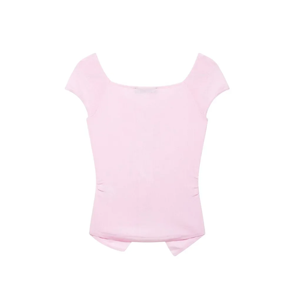 LIBIELIY LIBIELIY Women's Fashionable Pleated Decoration Round Neck Knitted Solid Color Temperament Summer New Top