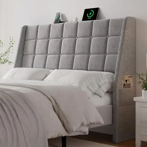 Ergonomic Upholstered Headboard Queen Size w/Charging Station, Linen Wingback Headboards w/Storage Pocket, Queen