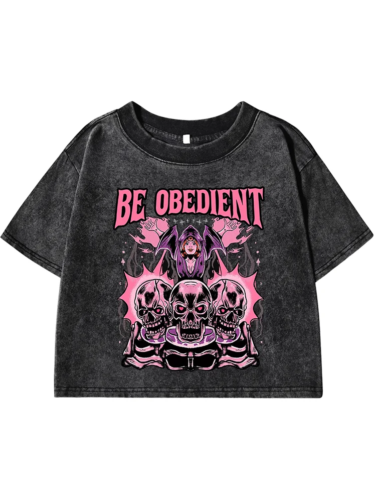 

Be Obedient Cartoons Print Female Washed Short Tshirt Breathable Summer T Shirt Casual Fashion Midriff-Baring Retro Tops Women