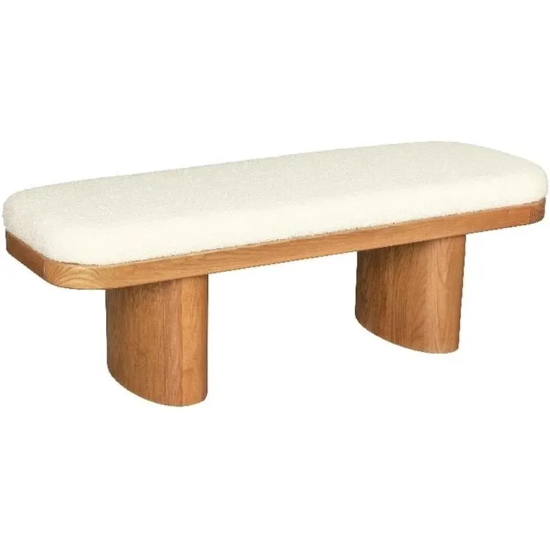 Upholstered Wooden Bench 48 W x 16.5 D x 16 H Textured Boucle Fabric Natural Ash Wood Finish Handmade Design Mid-Century