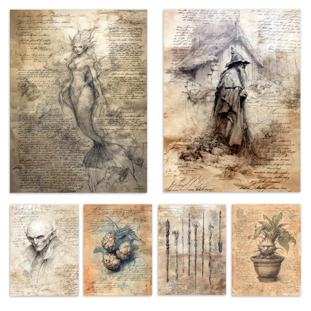 صفحات كتاب تعويذة الساحرة، مخلوقات سحرية، عصا ساحرة، يد زومبي، ساحرة، صفحات كتب سحرية عتيقة للهالوين ملصق أكاديمي داكن