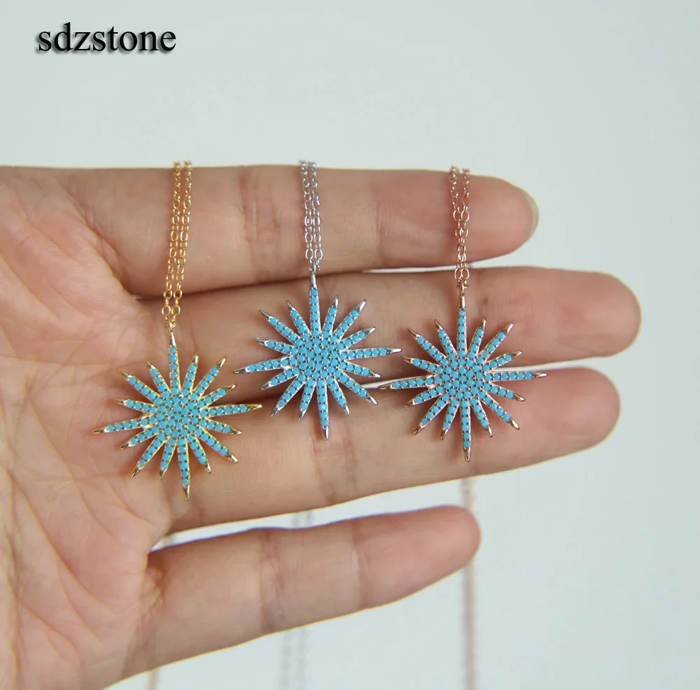 pave nano turquoises stone micro pave star pendant blue north star sun burst pendant 925 sterling silver nice necklace