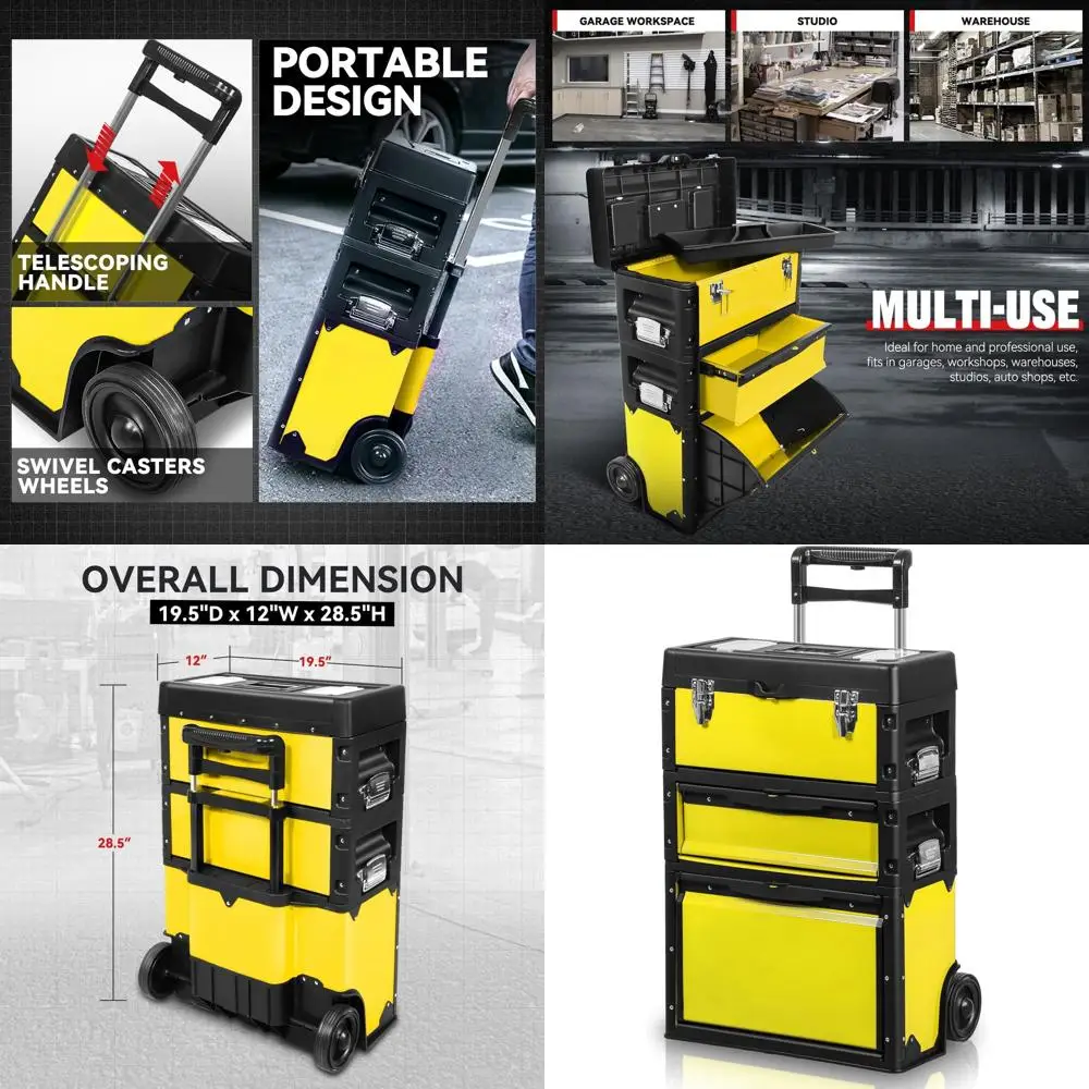 

3-Tier Rolling Tool Chest with Wheels, Yellow, Compact Storage for Garage or Workshop