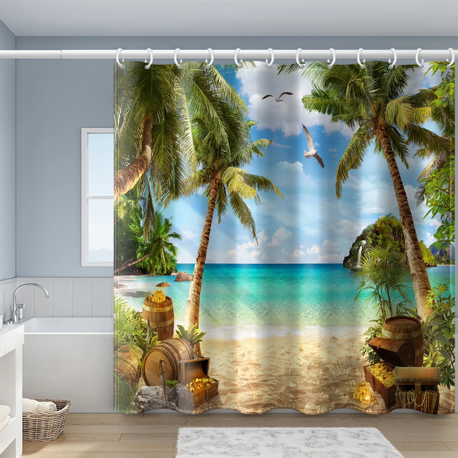 1 set of beach coconut tree landscape printed shower curtains, natural style, with 12 hooks and bathroom flooring