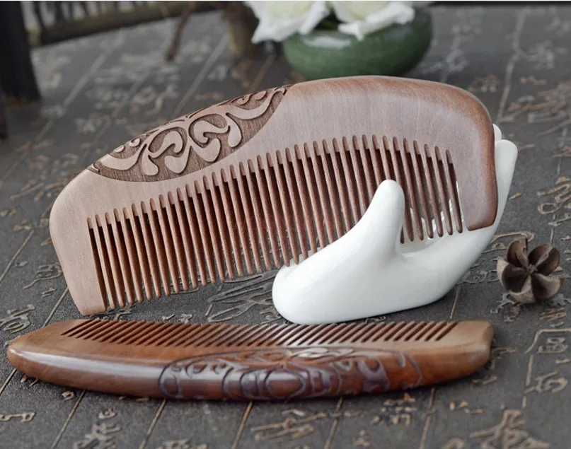 Peach wood three-dimensional double-sided carved half moon comb cleaning scalp natural peach wood comb