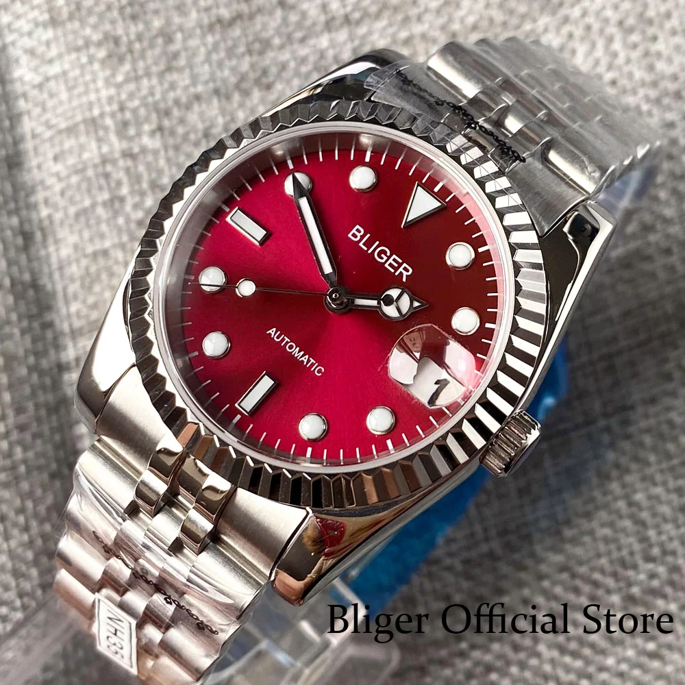 BLIGER NH35 Men Watch PT5000 Miyota Automatic Movement Fluted Bezel Red Blue Black Dial Luminous Sapphire Glass Jubilee Bracelet