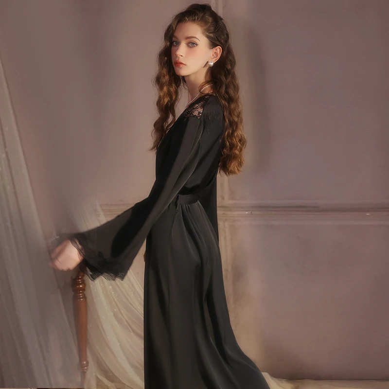 طقم رداء ساتان مثير للنساء ملابس نوم مزينة بالدانتيل نمط الرغبة النقية الحلو ملابس منزلية ملابس نوم ثوب خارجي #2