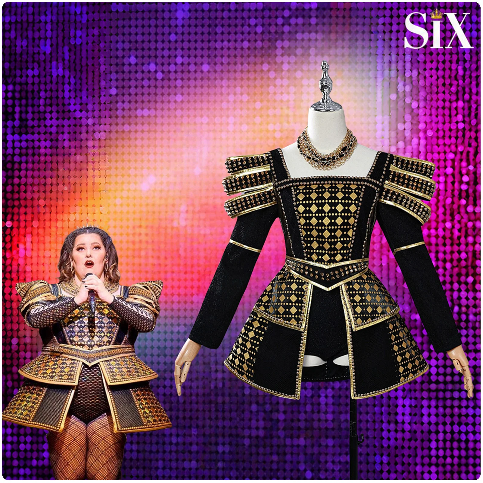 

Womens SIX Musical of Aragon Cosplay Costume Black Dress for Halloween Party Outfit Musical