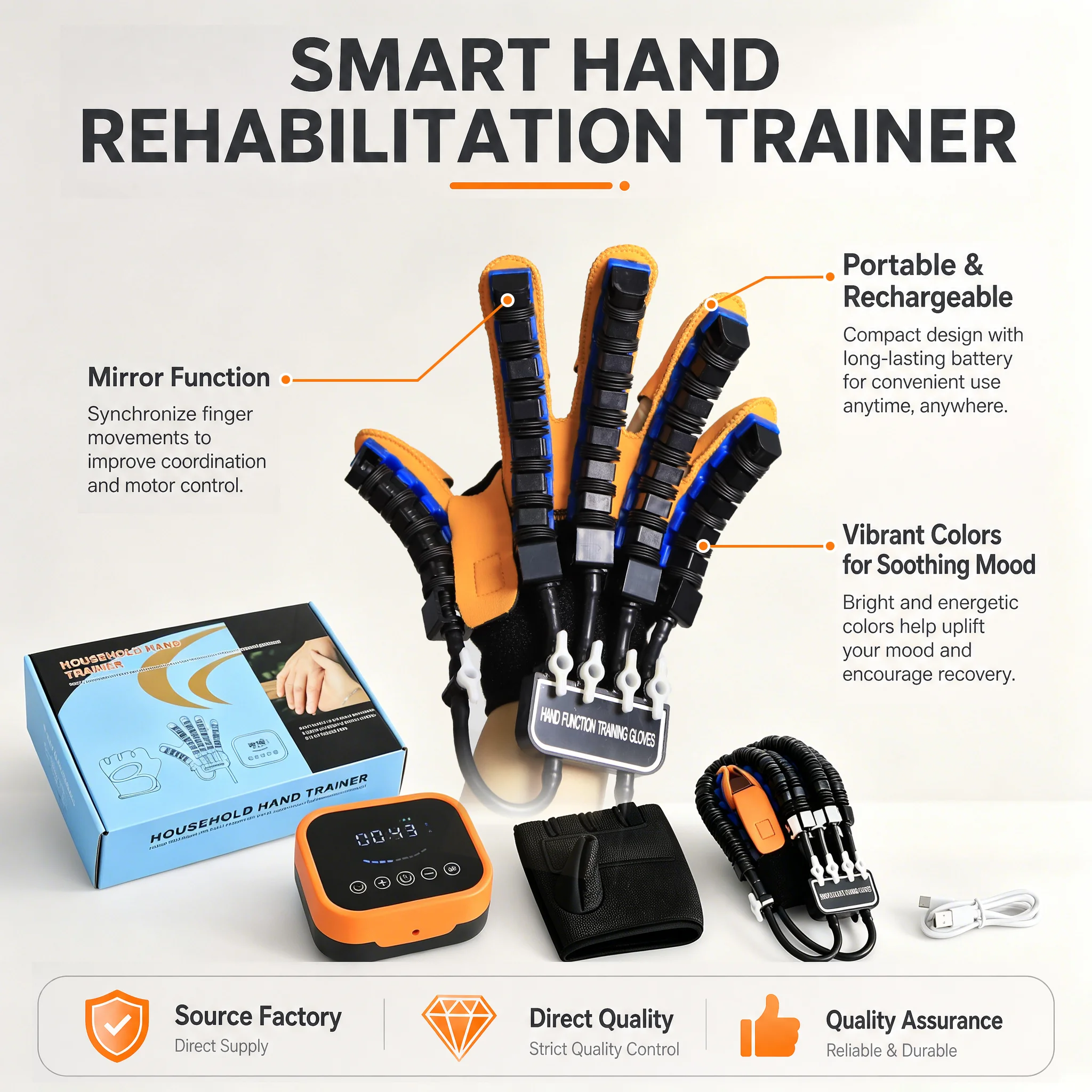 Orange Rechargeable Smart Hand Training Glove 9‑Level Intensity 3 Training Modes Electric Finger Workout Glove