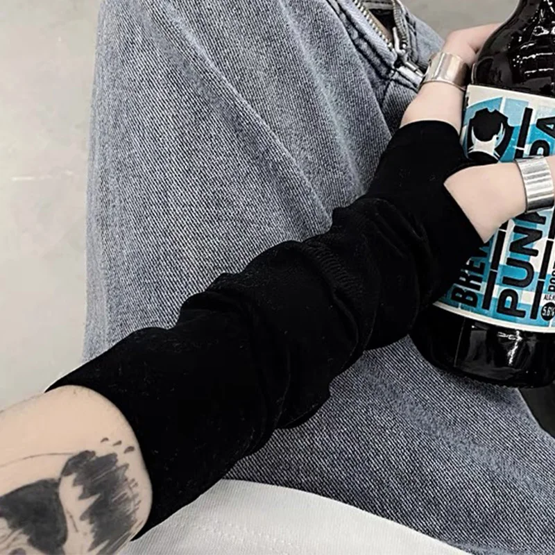 Black Kpop Long Fingerless Gloves Oversleeve Men Women Gothic Stripe Knitted Soft Skin Friendly Gloves Stretch Winter Arm Warmer