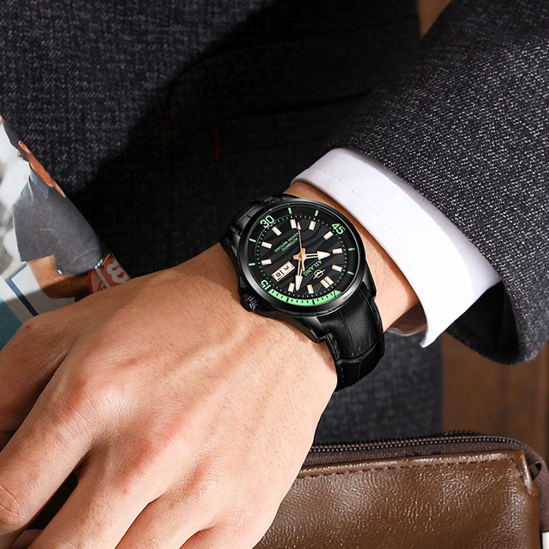 럭셔리 비즈니스 남성 손목시계 방수 발광 가죽 남성 시계 날짜 요일 스포츠 캐주얼 남성 기계식 시계